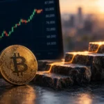 Bitcoinin hinnan porrasmainen nousu kuvattuna kultaisella bitcoin-kolikolla, nousevalla kurssikaaviolla ja hehkuvilla kiviportailla.