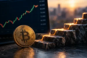 Bitcoinin hinnan porrasmainen nousu kuvattuna kultaisella bitcoin-kolikolla, nousevalla kurssikaaviolla ja hehkuvilla kiviportailla.