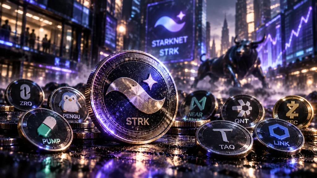 CoinGeckon eniten haetut altcoinit: Starknet STRK -kolikko keskellä, ympärillä PENGU-, PUMP-, ZEC- ja LINK-kolikot