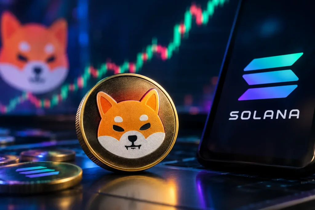 Shiba Inu laajenee Solanaan: SHIB-kolikko, Solanan logo puhelimen näytöllä ja nouseva kurssikaavio.