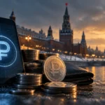 Digitaalinen rupla Venäjän palkanmaksussa: ruplasymboli puhelimen näytöllä ja ruplakolikoita Kremlin edustalla Moskovassa