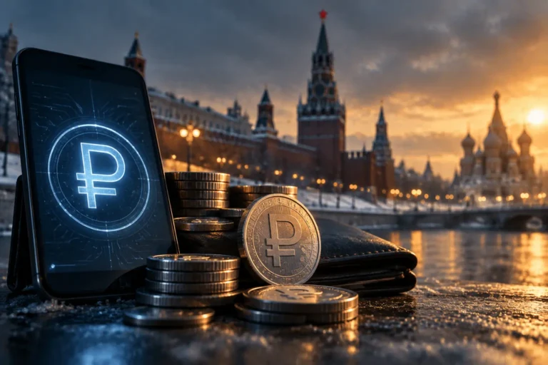 Digitaalinen rupla Venäjän palkanmaksussa: ruplasymboli puhelimen näytöllä ja ruplakolikoita Kremlin edustalla Moskovassa